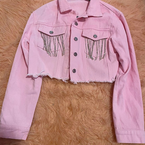 DROP SHOULDER RHINESTONE FRINGE TRIM RAW CUT DENIM JACKET - Picture 1 of 1